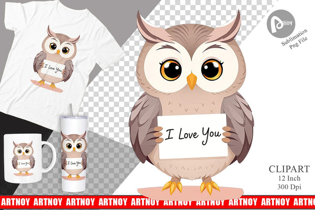 Valentine Owl Cartoon Clipart Sublimation artnoy 