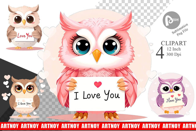 Valentine Owl Cartoon Clipart Sublimation artnoy 