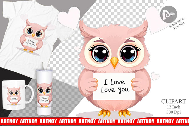 Valentine Owl Cartoon Clipart Sublimation artnoy 