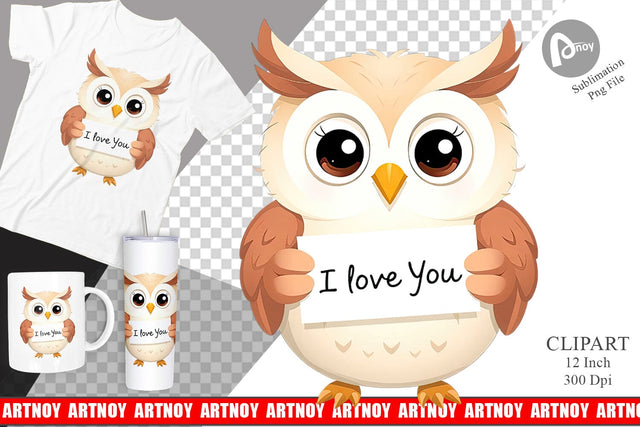 Valentine Owl Cartoon Clipart Sublimation artnoy 