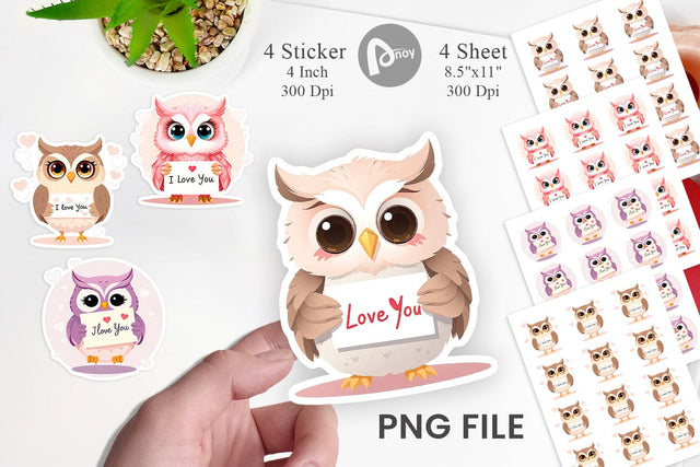 Valentine Owl Cartoon Sticker Sublimation artnoy 