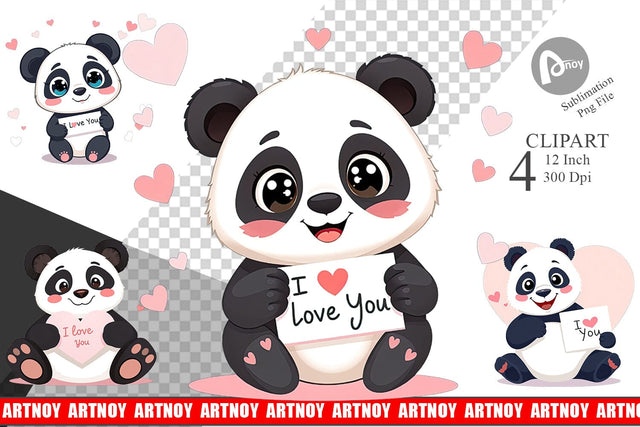 Valentine Panda Cartoon Clipart Sublimation artnoy 