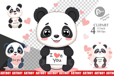 Valentine Panda Cartoon Clipart Sublimation artnoy 