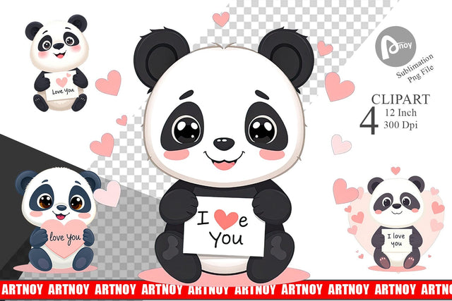 Valentine Panda Cartoon Clipart Sublimation artnoy 