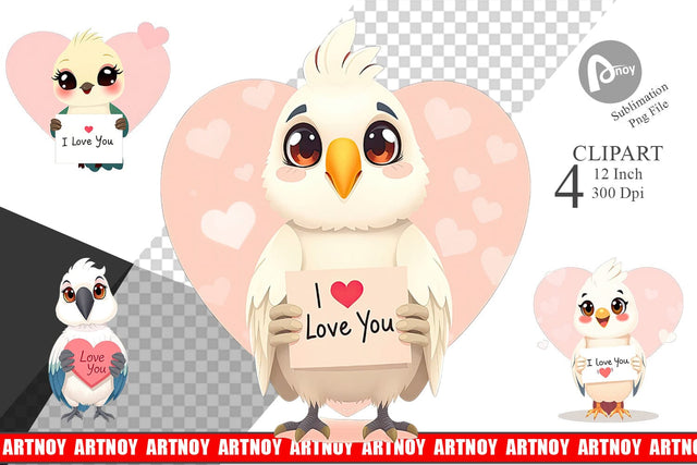 Valentine Parrot Cartoon Clipart Sublimation artnoy 