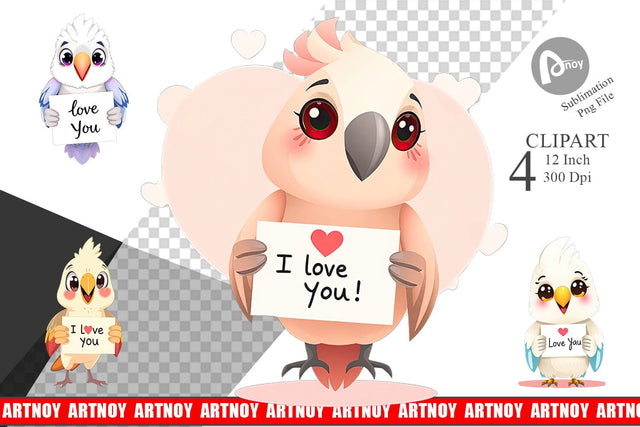 Valentine Parrot Cartoon Clipart Sublimation artnoy 