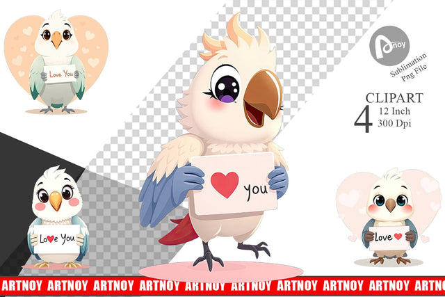 Valentine Parrot Cartoon Clipart Sublimation artnoy 
