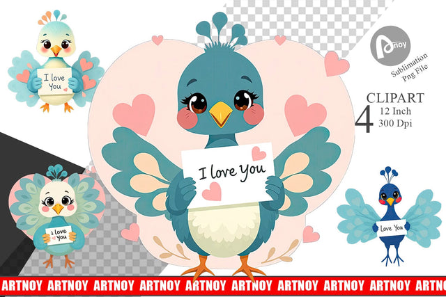 Valentine Peacock Cartoon Clipart Sublimation artnoy 
