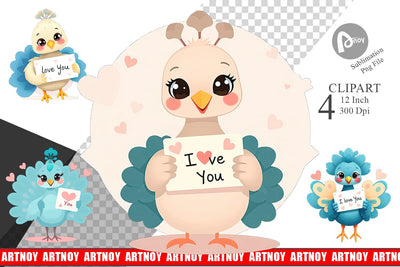 Valentine Peacock Cartoon Clipart Sublimation artnoy 