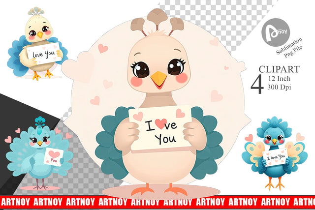 Valentine Peacock Cartoon Clipart Sublimation artnoy 