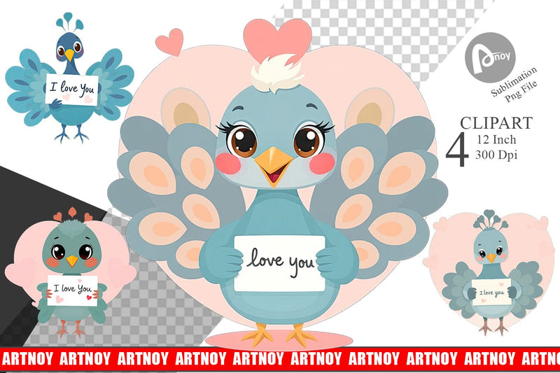 Valentine Peacock Cartoon Clipart Sublimation artnoy 