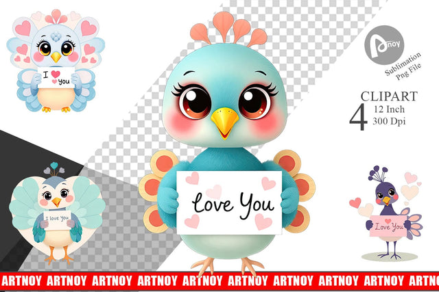 Valentine Peacock Cartoon Clipart Sublimation artnoy 