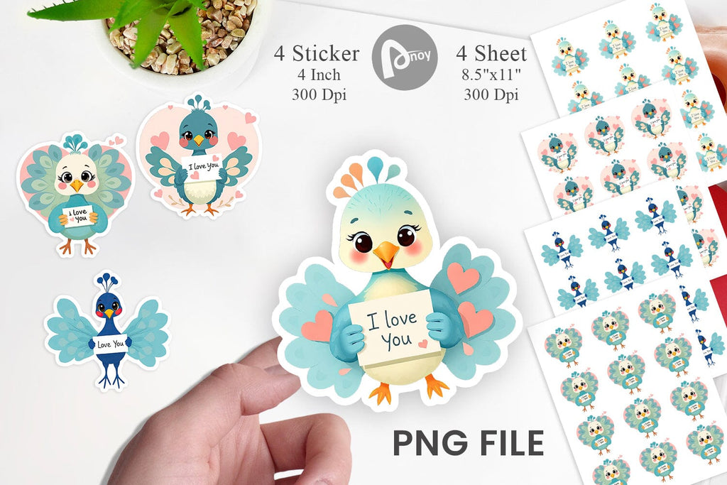 Valentine Peacock Cartoon Sticker - So Fontsy