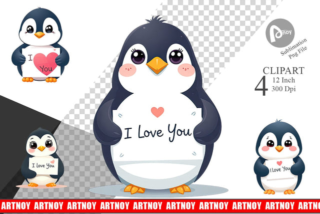 Valentine Penguin Cartoon Clipart Sublimation artnoy 