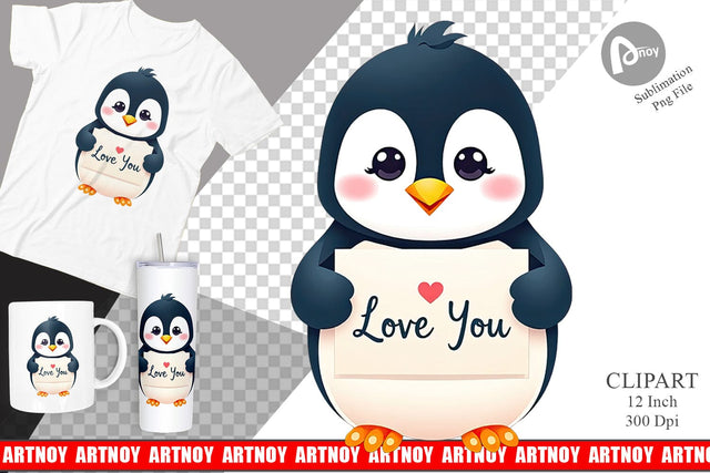 Valentine Penguin Cartoon Clipart Sublimation artnoy 