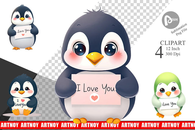 Valentine Penguin Cartoon Clipart Sublimation artnoy 