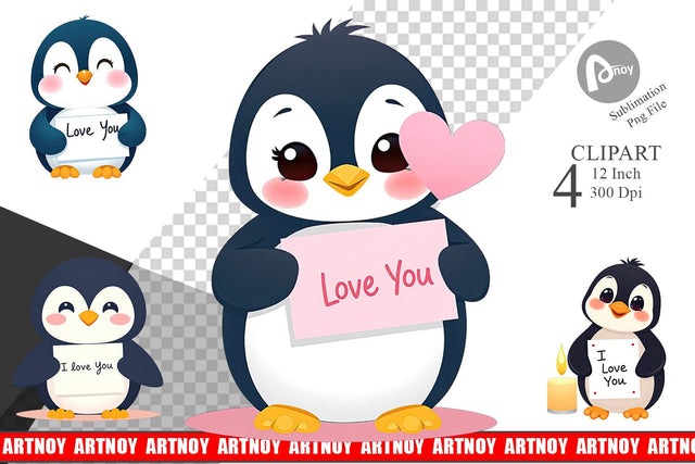 Valentine Penguin Cartoon Clipart Sublimation artnoy 