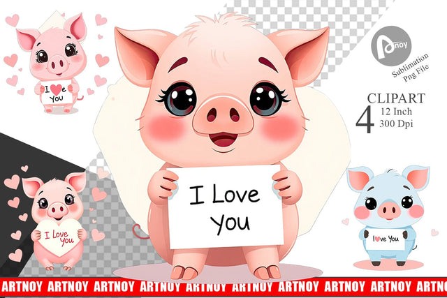 Valentine Pig Cartoon Clipart Sublimation artnoy 