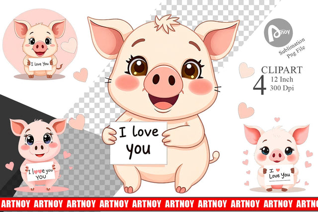 Valentine Pig Cartoon Clipart Sublimation artnoy 