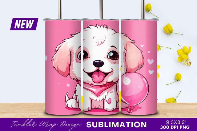 Valentine puppy with pink balloon tumbler png Sublimation Regulrcrative 