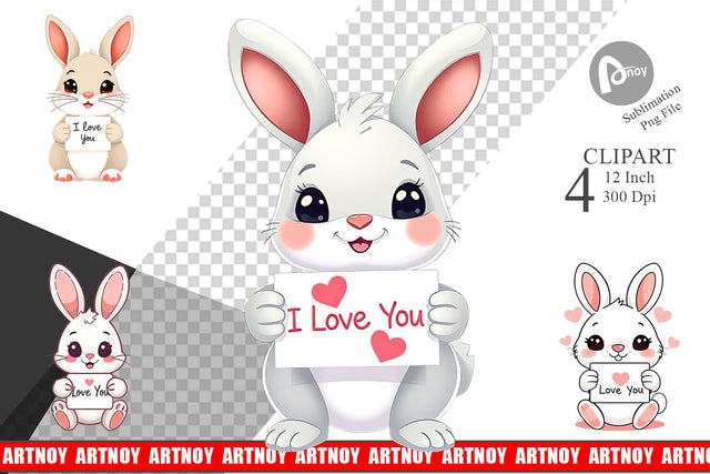 Valentine Rabbit Cartoon Clipart Sublimation artnoy 