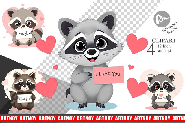 Valentine Raccoon Cartoon Clipart Sublimation artnoy 