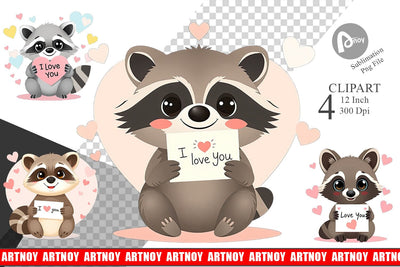 Valentine Raccoon Cartoon Clipart Sublimation artnoy 