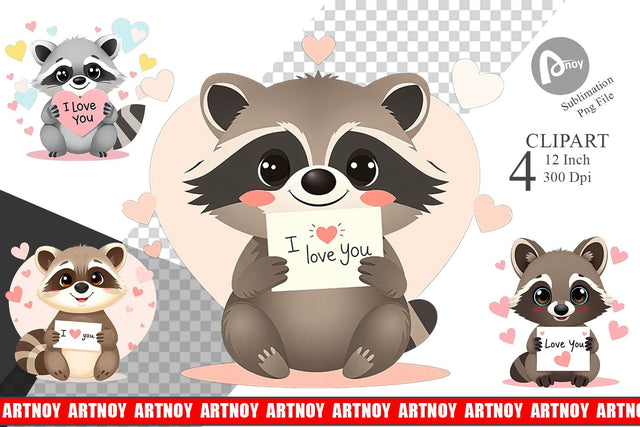 Valentine Raccoon Cartoon Clipart Sublimation artnoy 