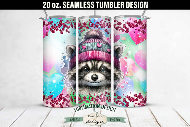 Valentine Raccoon in Knit Hat 20 oz Seamless Tumbler Wrap Sublimation Ewe-N-Me Designs 