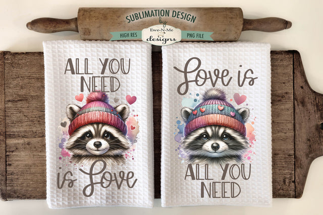Valentine Raccoon Sublimation Towel Designs - Love Is All You Need Sublimation Ewe-N-Me Designs 