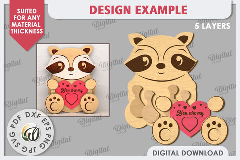 Valentine Raccoon with Heart Laser Cut. Cute Animals SVG SVG Evgenyia Guschina 