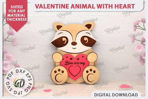 Valentine Raccoon with Heart Laser Cut. Cute Animals SVG SVG Evgenyia Guschina 
