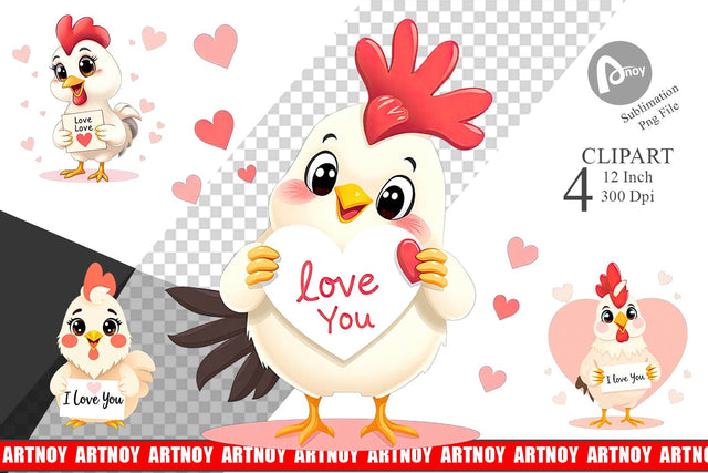Valentine Rooster Cartoon Clipart Sublimation artnoy 