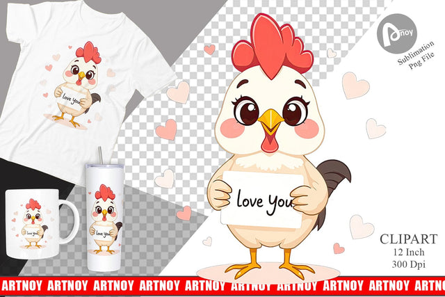 Valentine Rooster Cartoon Clipart Sublimation artnoy 