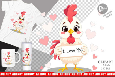 Valentine Rooster Cartoon Clipart Sublimation artnoy 