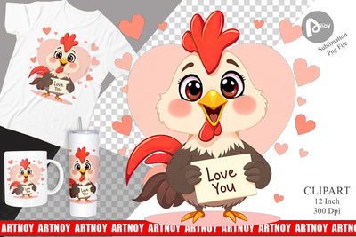 Valentine Rooster Cartoon Clipart Sublimation artnoy 