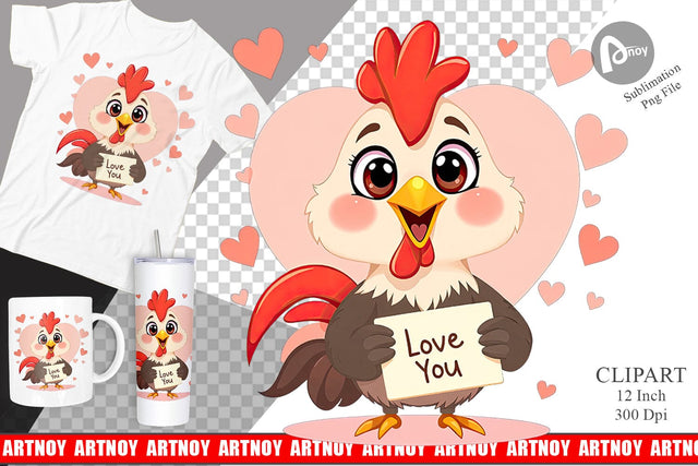 Valentine Rooster Cartoon Clipart Sublimation artnoy 