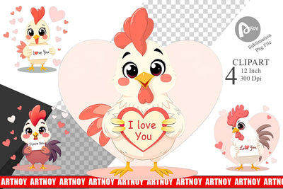 Valentine Rooster Cartoon Clipart Sublimation artnoy 