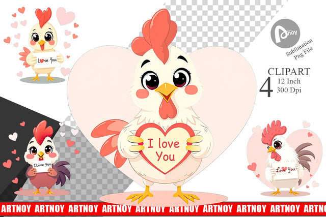 Valentine Rooster Cartoon Clipart Sublimation artnoy 