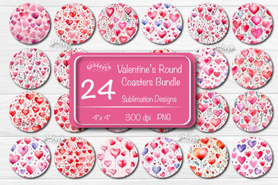 Valentine Round Coaster Bundle Sublimation Heart flower car coaster design Watercolor PNG Sublimation Createya Design 