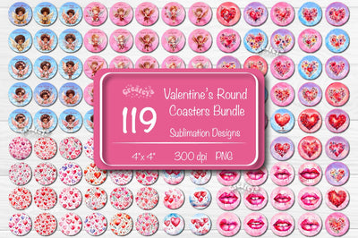 Valentine Round coaster Sublimation Bundle coaster design Love Watercolor flower PNG Round keychain Sublimation Createya Design 