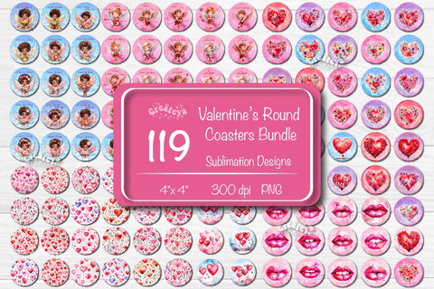 Valentine Round coaster Sublimation Bundle coaster design Love Watercolor flower PNG Round keychain Sublimation Createya Design 
