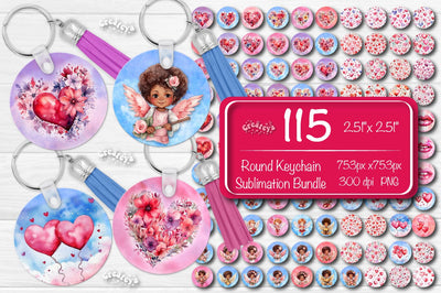 Valentine Round Keychain Bundle Keychain PNG Sublimation Bundle Heart Flower Watercolor Angels and Balloons Sublimation Createya Design 
