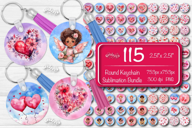 Valentine Round Keychain Bundle Keychain PNG Sublimation Bundle Heart Flower Watercolor Angels and Balloons Sublimation Createya Design 