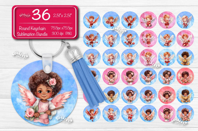 Valentine Round Keychain Bundle Keychain PNG Sublimation Bundle Watercolor Angels and Flowers Sublimation Createya Design 