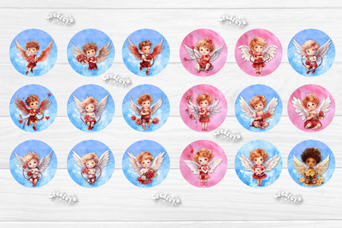 Valentine Round Keychain Bundle Keychain PNG Sublimation Bundle Watercolor Angels and Flowers Sublimation Createya Design 