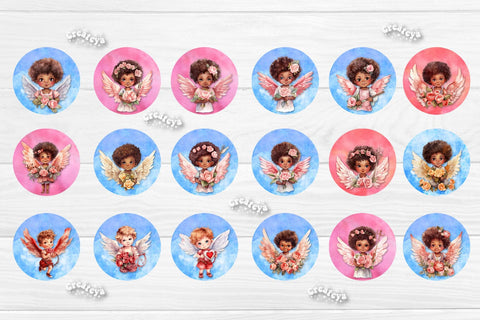 Valentine Round Keychain Bundle Keychain PNG Sublimation Bundle Watercolor Angels and Flowers Sublimation Createya Design 