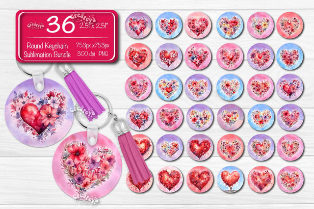 Valentine Round Keychain Bundle Keychain PNG Sublimation Bundle Watercolor Flowers Hearts Sublimation Createya Design 