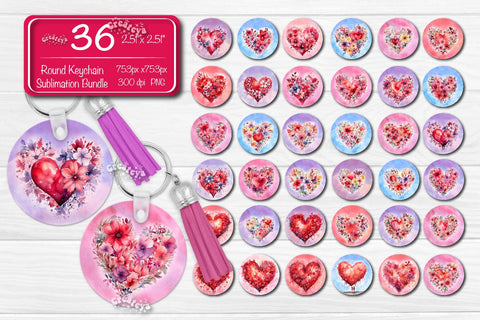 Valentine Round Keychain Bundle Keychain PNG Sublimation Bundle Watercolor Flowers Hearts Sublimation Createya Design 