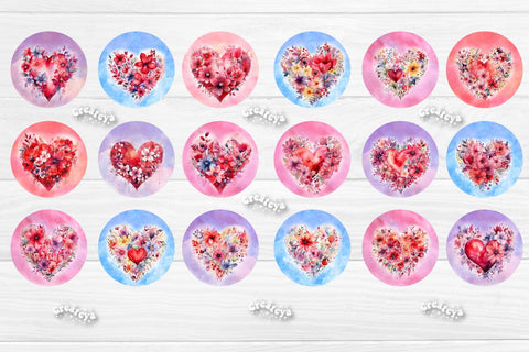 Valentine Round Keychain Bundle Keychain PNG Sublimation Bundle Watercolor Flowers Hearts Sublimation Createya Design 